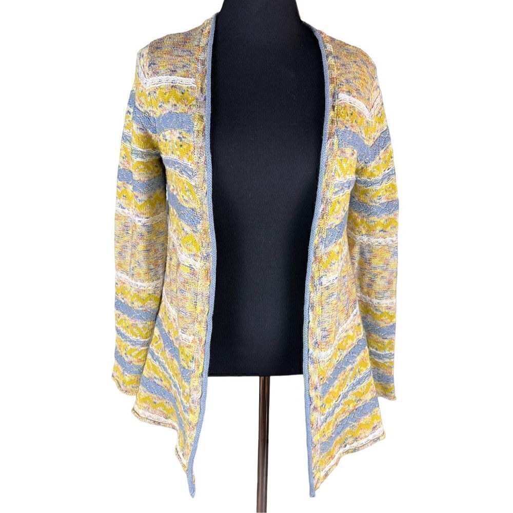 Sundance long cozy open front cardigan striped yellow blue linen blend small